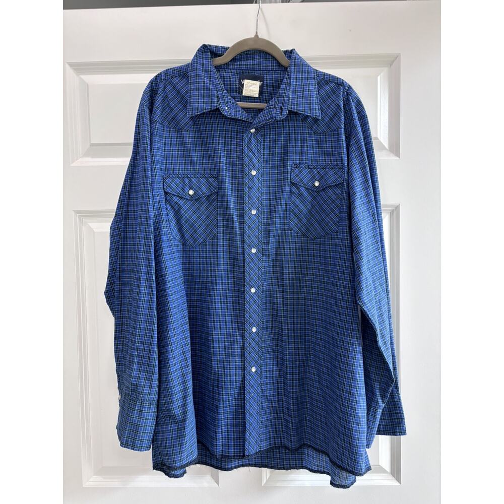 Wrangler Western Shirt 2XLT Blue Black Plaid Pearl Snap Long Sleeve Vintage